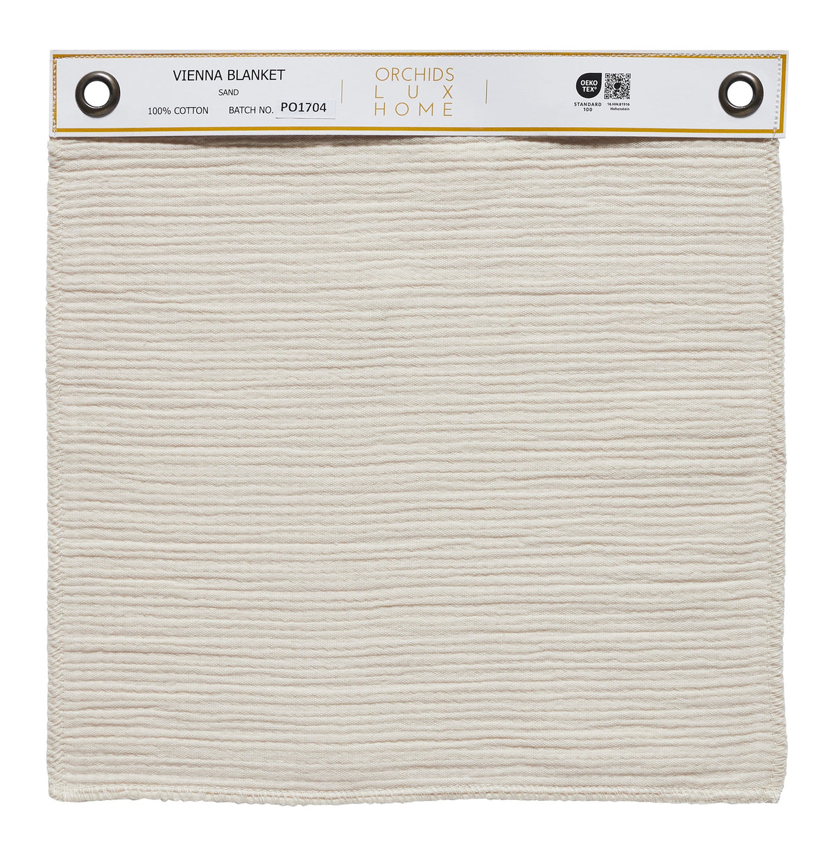 SWT-858-X_1|Individual fabric swatch of Vienna Blanket in Sand. 100% cotton, ribbed texture. Ideal for material selection and decor planning.