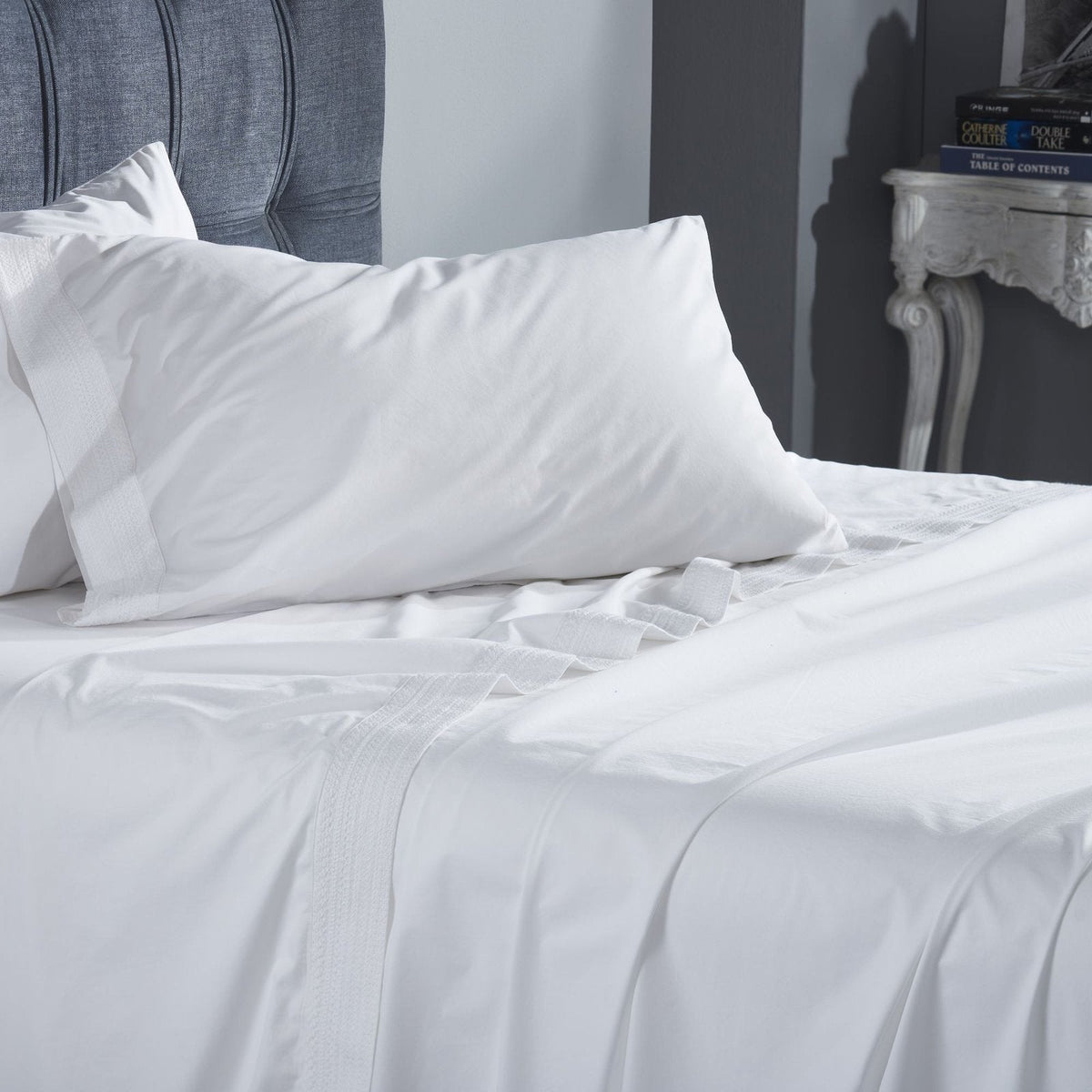 CSS-520-7284_4|Crisp white 100% cotton sheet set, with a beautifully detailed decorative hem on the pillow and top sheet.