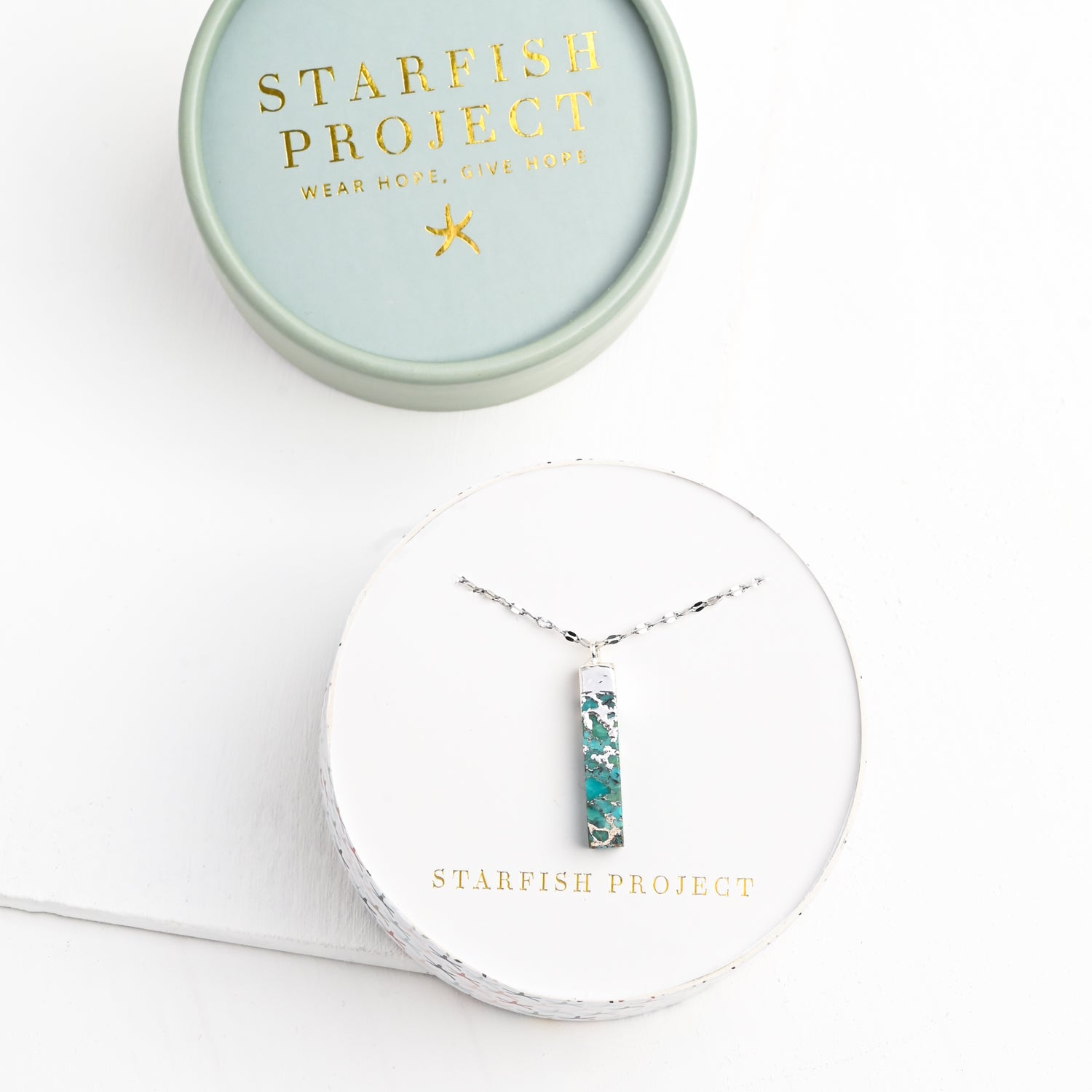 Necklace with silver shaded pendant in white gift box, Starfish Project, necklace company, jewelry web, unique xmas present ideas