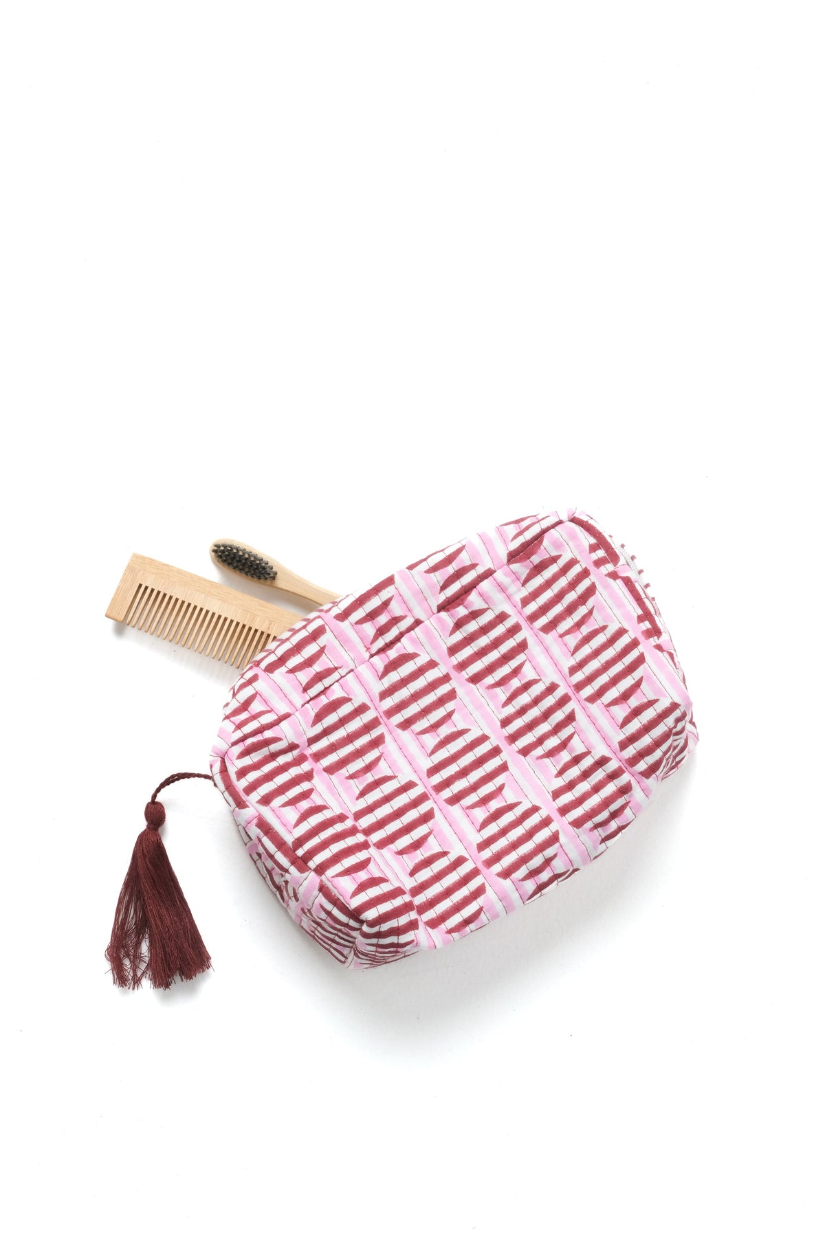 Inner Child burgundy pink striped circle blockprint makeup bag with wooden brushes