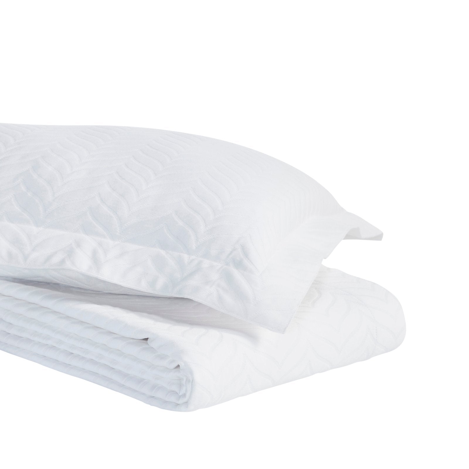 CL-194-9496_4|Crisp white chevron quilted coverlet, neatly folded with a matching pillow, offering a fresh, modern, and inviting bedding option.