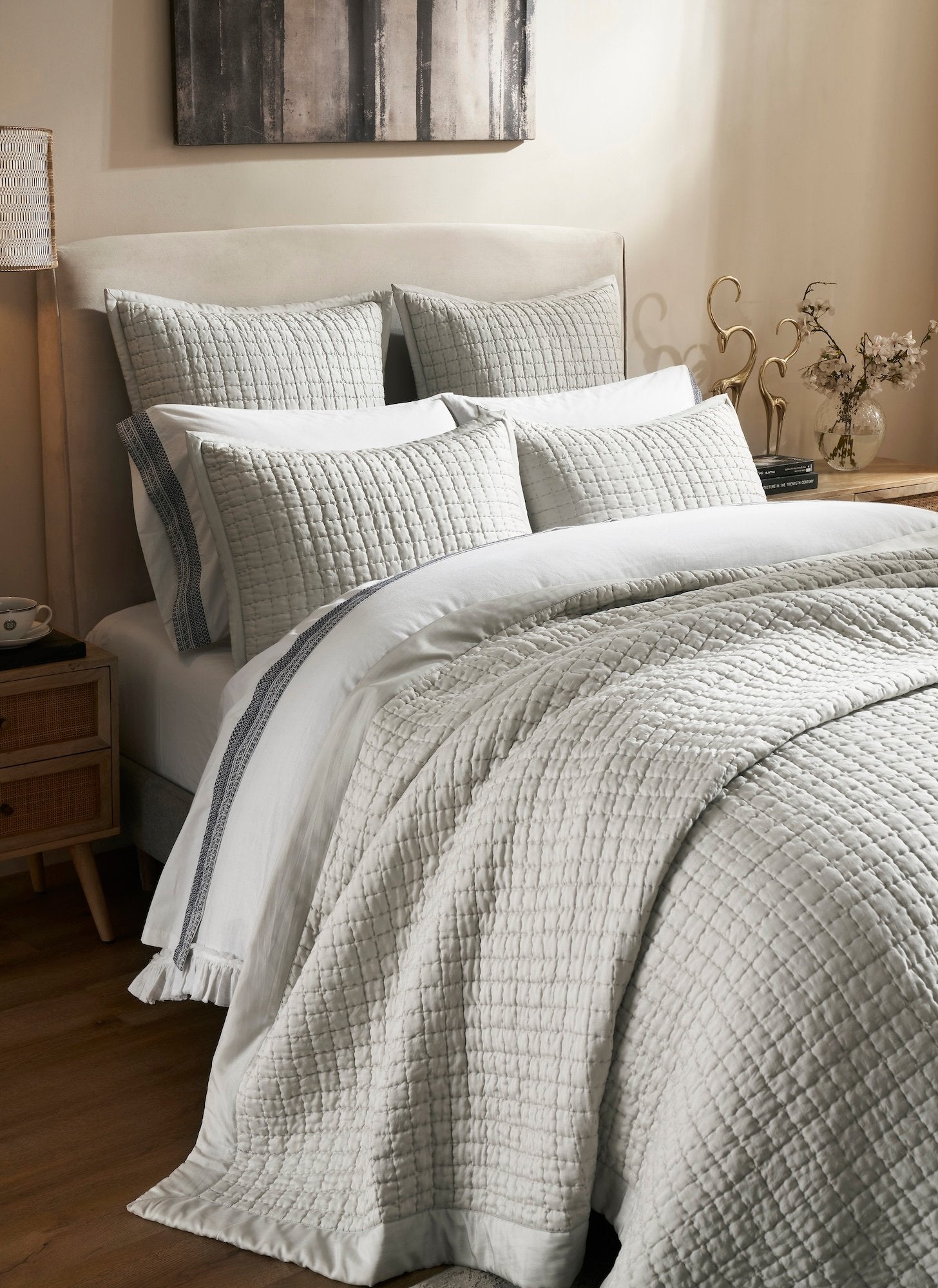 CL-198-11096_3|Light grey textured coverlet with a subtle grid pattern, creating a modern and cozy feel for any elegant bedroom decor.