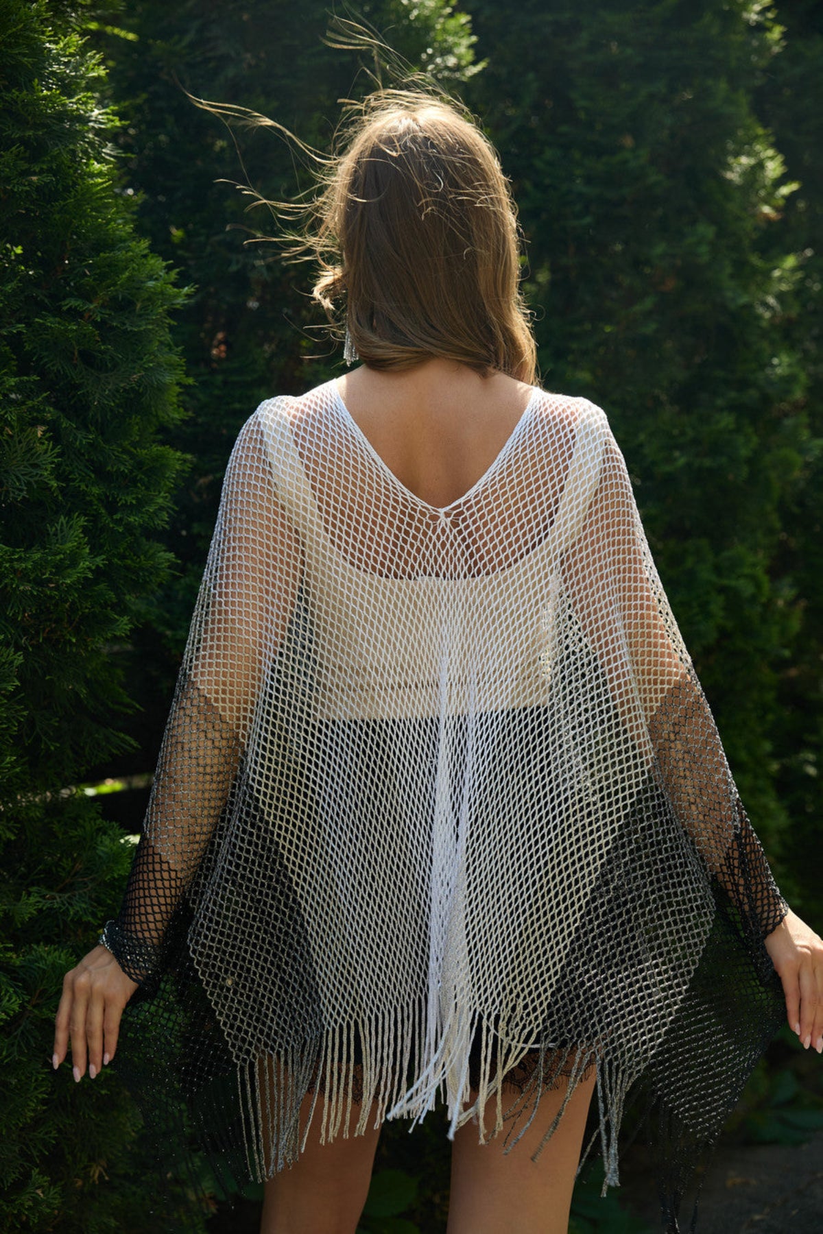 Metallic Fringe Poncho - Silver