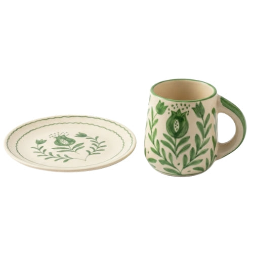 S/2 Green Anaar Ceramic Breakfast Set - Coffee Cup & Side Plate