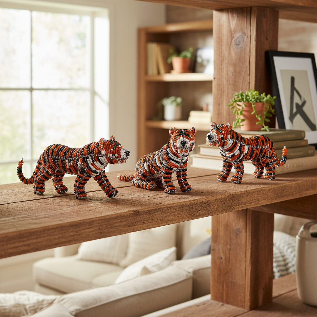 Minimal Tiger Set of 3 - beaded miniature tiger figurine displayed on wooden shelf in cozy living room