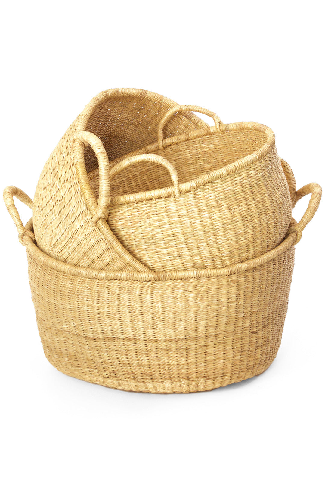 Set of Three Natural Woven Grass Floor Baskets with Handles