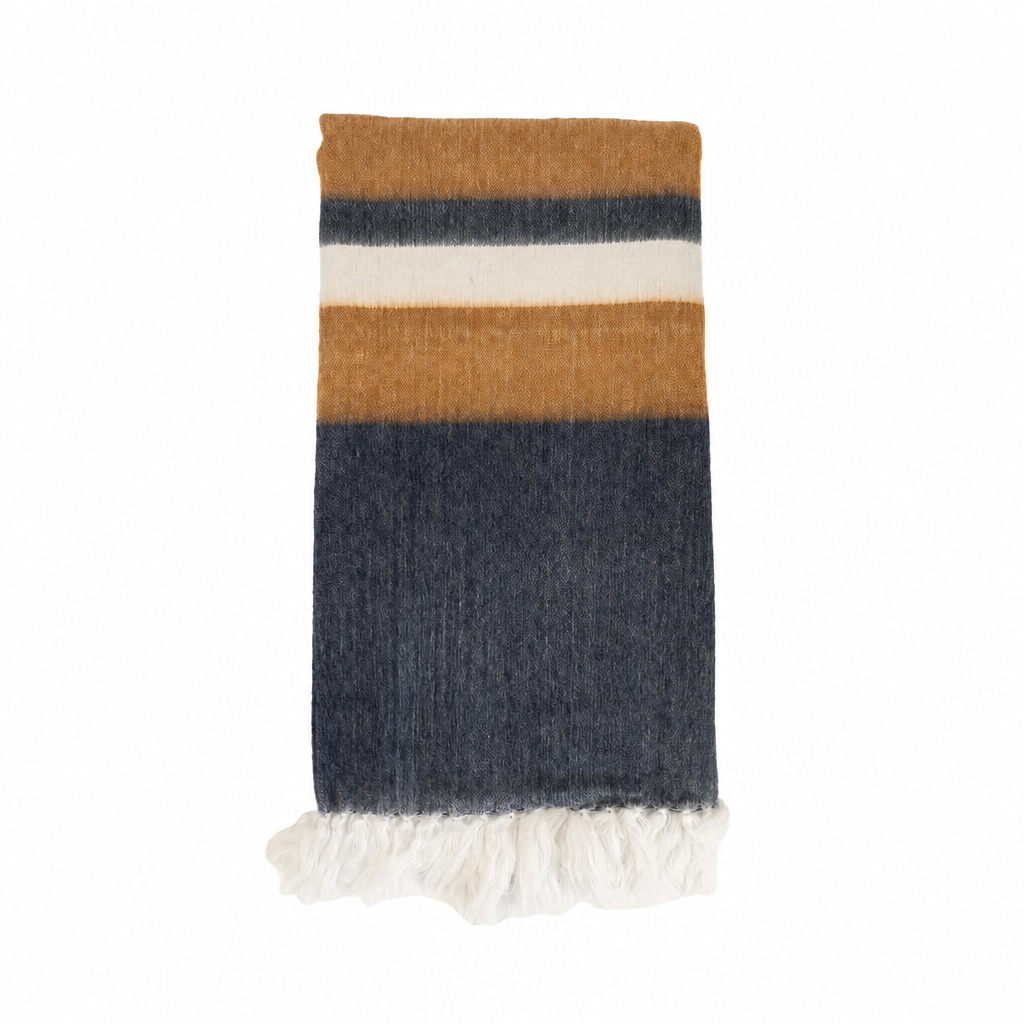 Copper & Navy Camilo handwoven alpaca throw blanket folded, Kallpa Collection