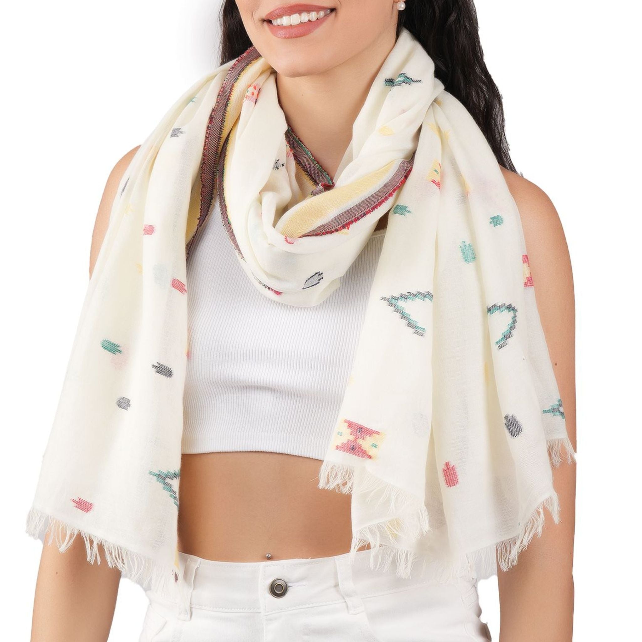 Pixel Woven Cotton Scarf - Ivory