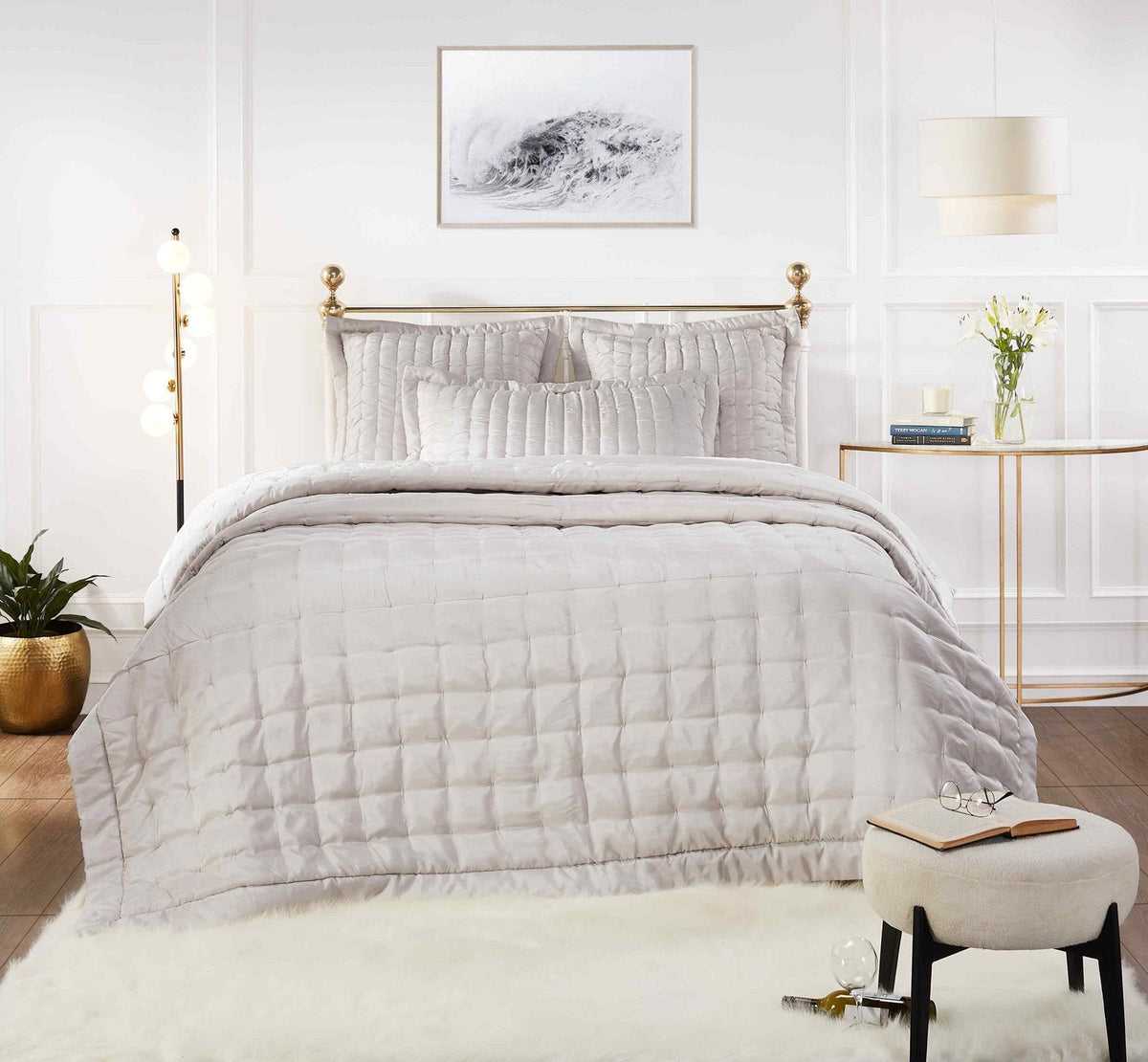 QT-334-9496_5|Stylish light beige square quilted quilt set on a full bed, adding modern elegance to a beautifully decorated bedroom.