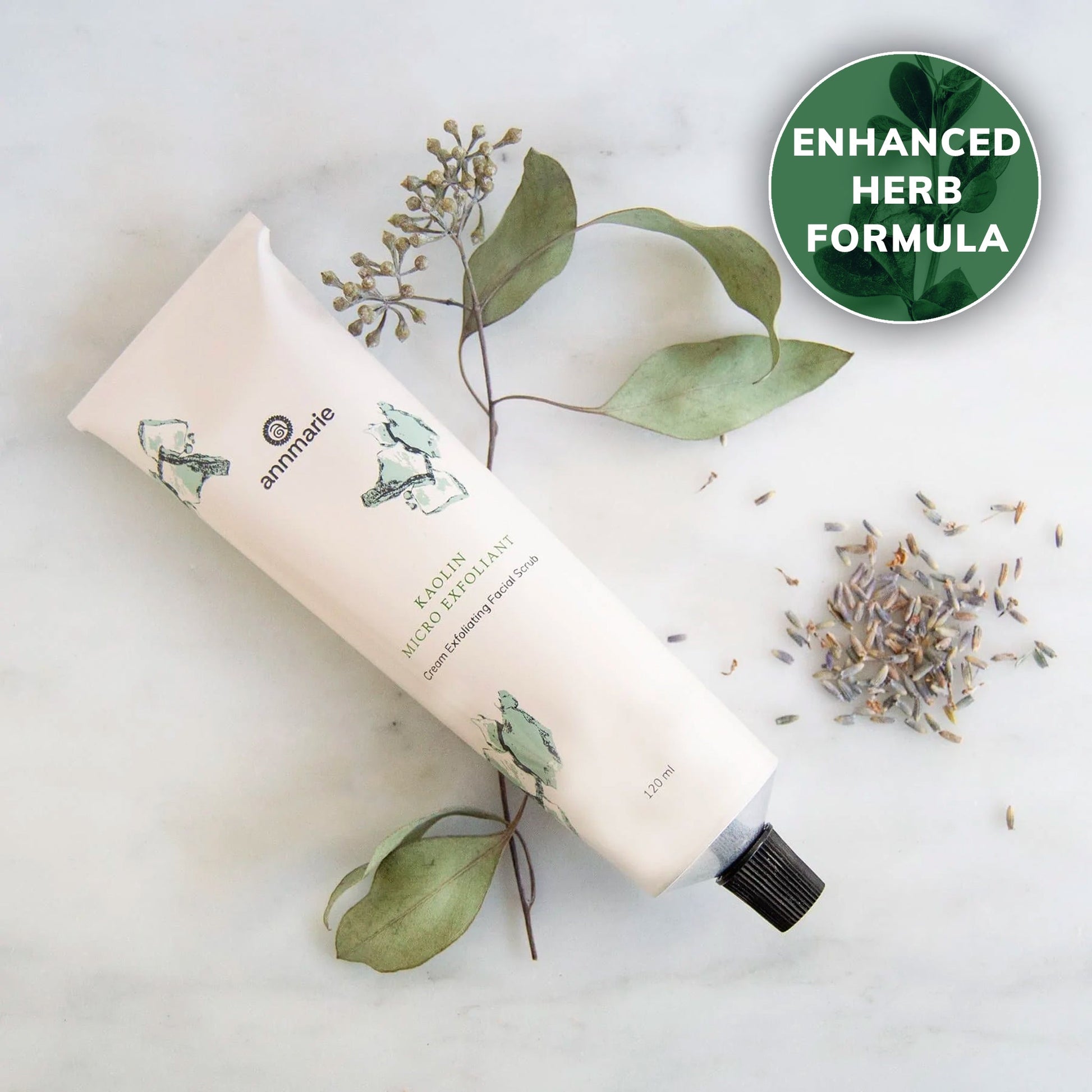 Kaolin Micro Exfoliant cream facial scrub tube with botanical herbs and enhanced herb formula label