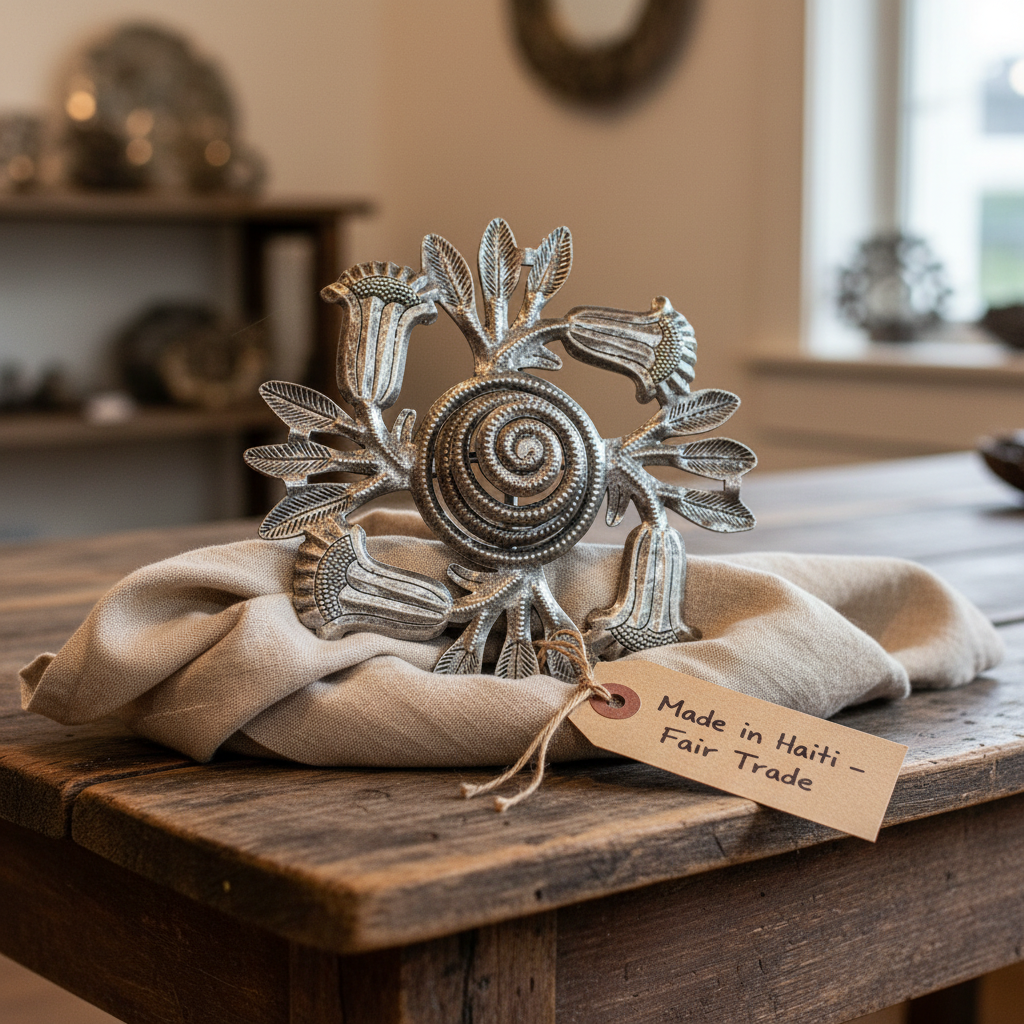 SM729 Metal Trumpet Flower Twirl Garden Stake as a gift on a rustic wooden table
