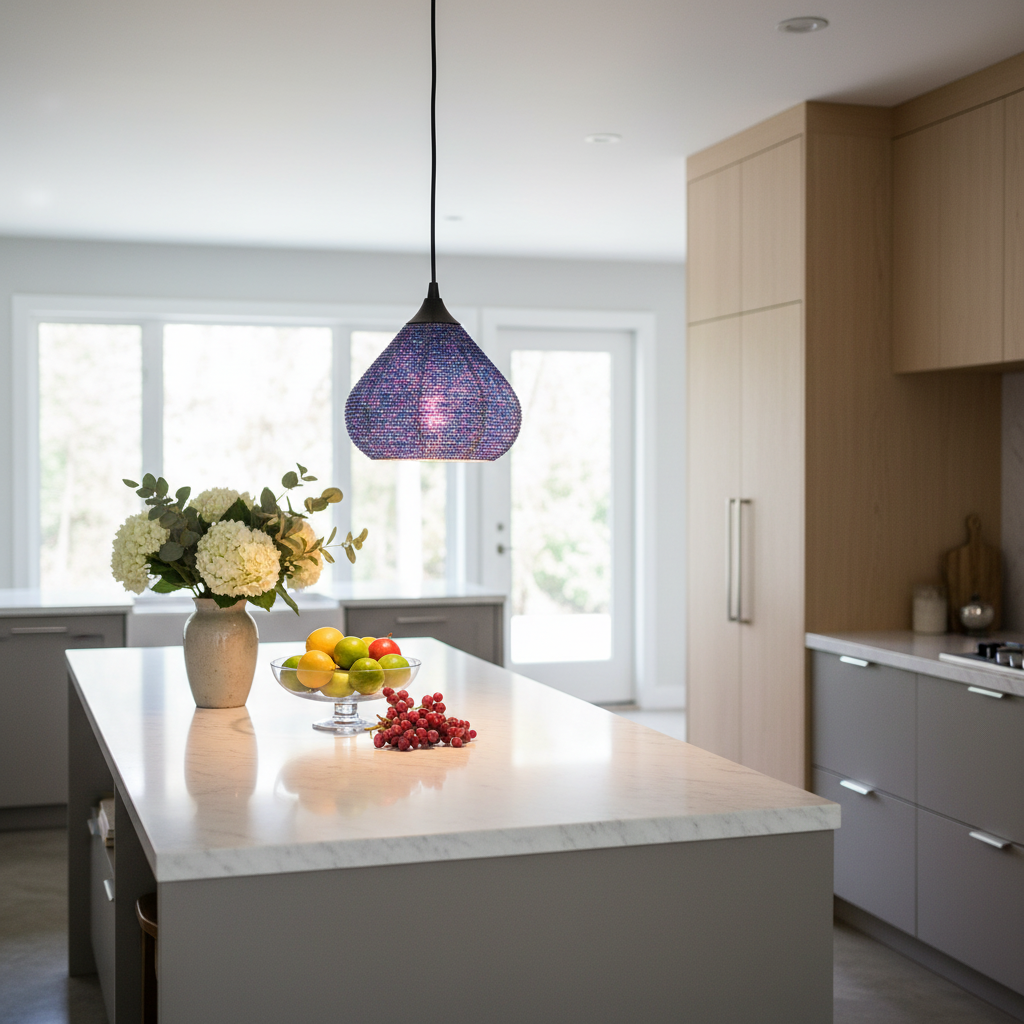LeGourde Blue Pendant Light hanging over a modern kitchen island