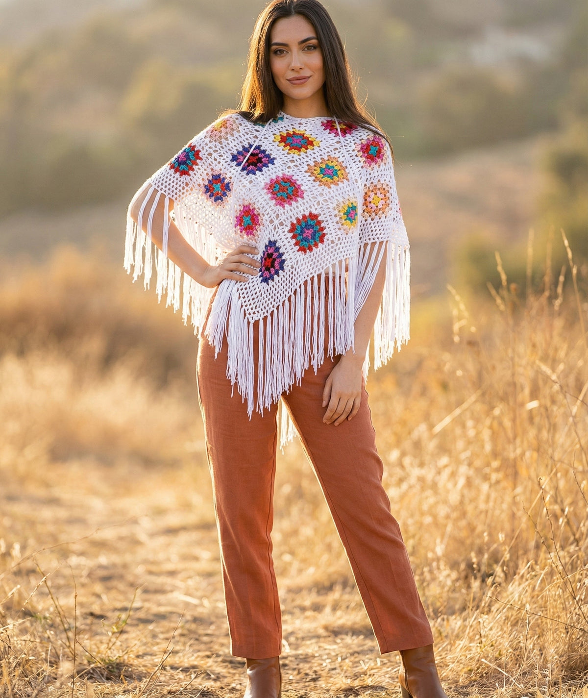 White Square Crochet Fringe Poncho - White