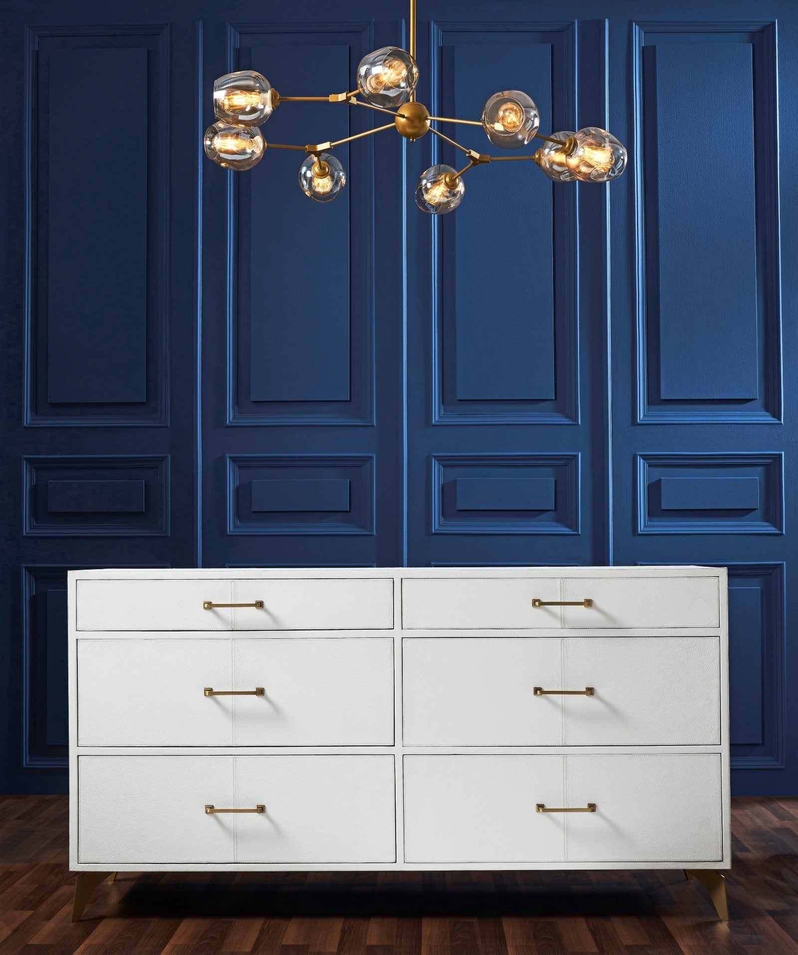 FN-5201-642033_2|Contemporary white genuine leather dresser with six drawers and gold hardware, a focal point in luxurious bedroom furniture.