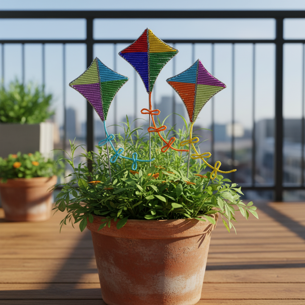 Colorful beaded kite garden stakes in a terracotta pot on a sunny patio