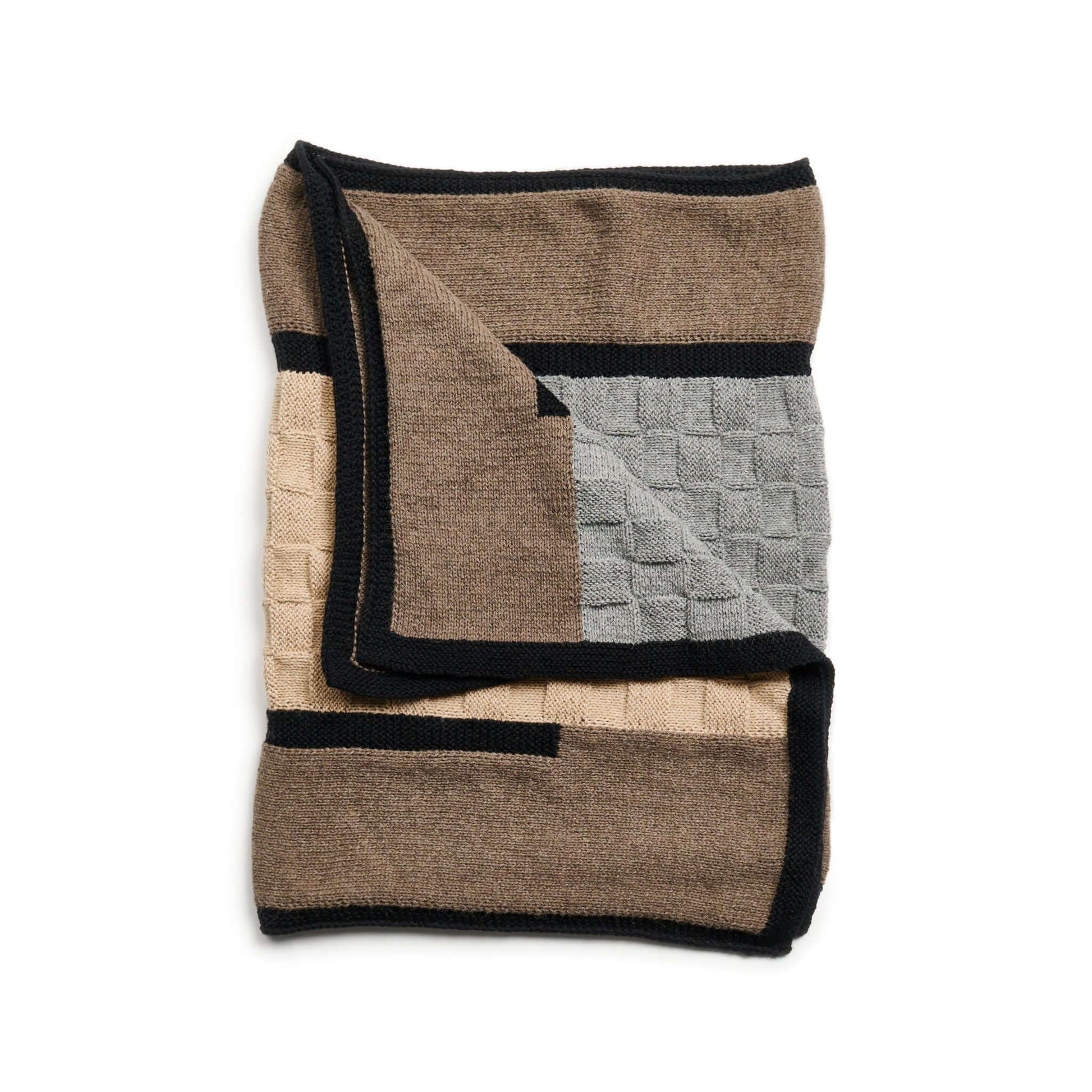 Muhu Brown Gray Hand Knitted Peruvian Alpaca Blanket / Large Plush Scarf folded showcasing textured patterns and colors.