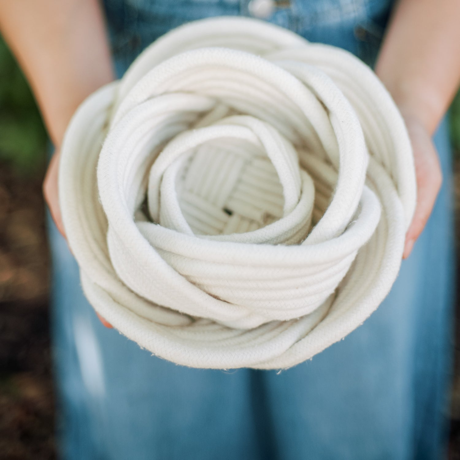 Set of white handmade bowls, planters, whit woven home decorations for women