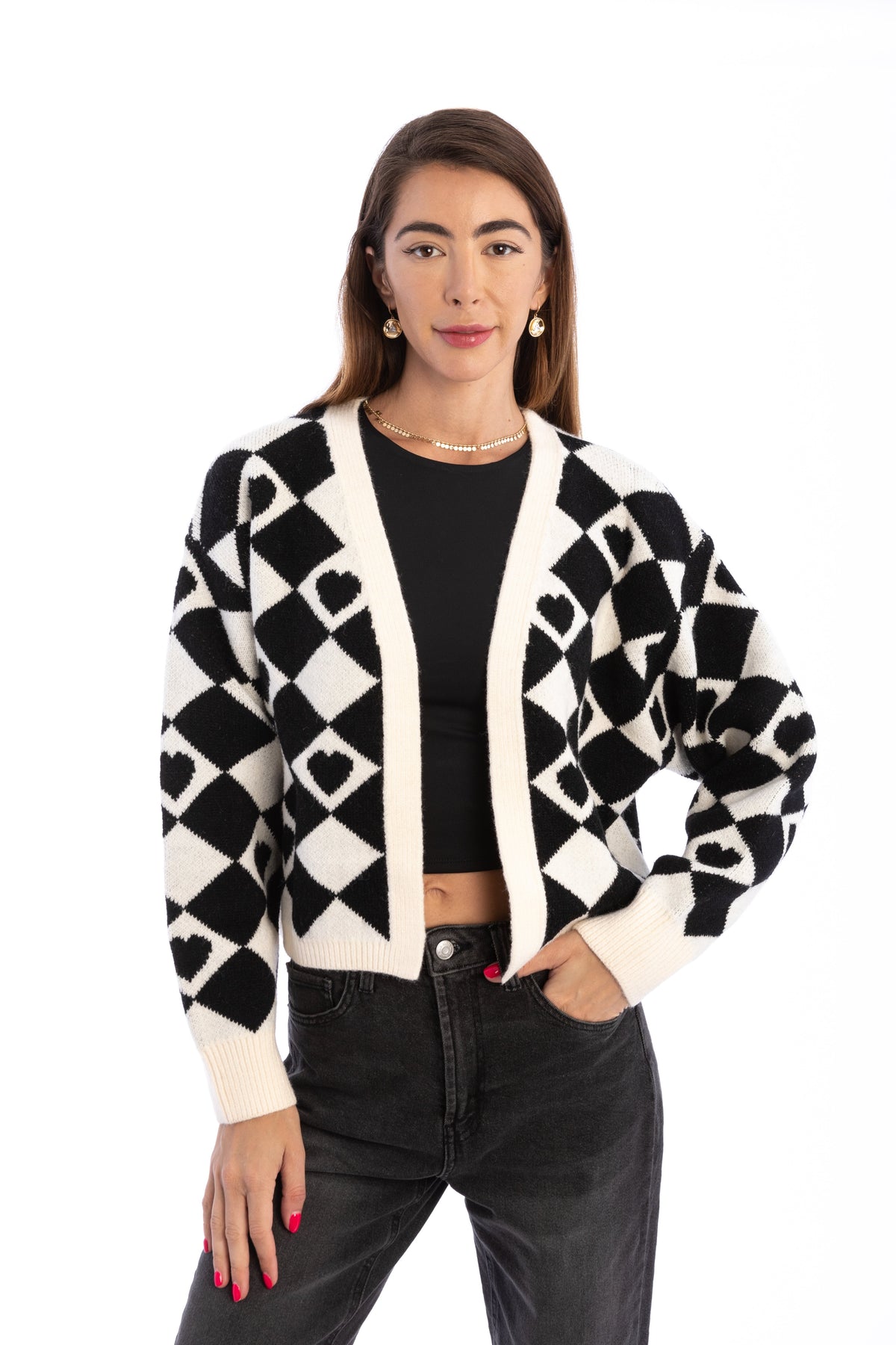 Checkered Hearts Cardigan Cropped - White