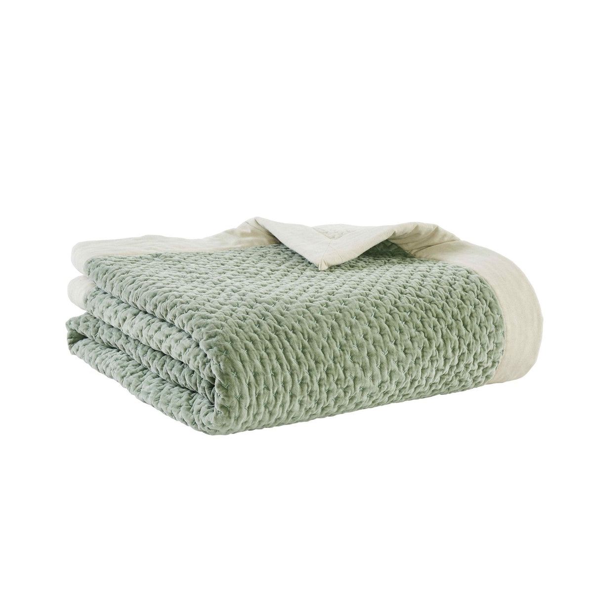 QT-328-11096_2|Folded sage green textured quilt with a detailed pattern and a cream reverse, isolated on a clean white background.
