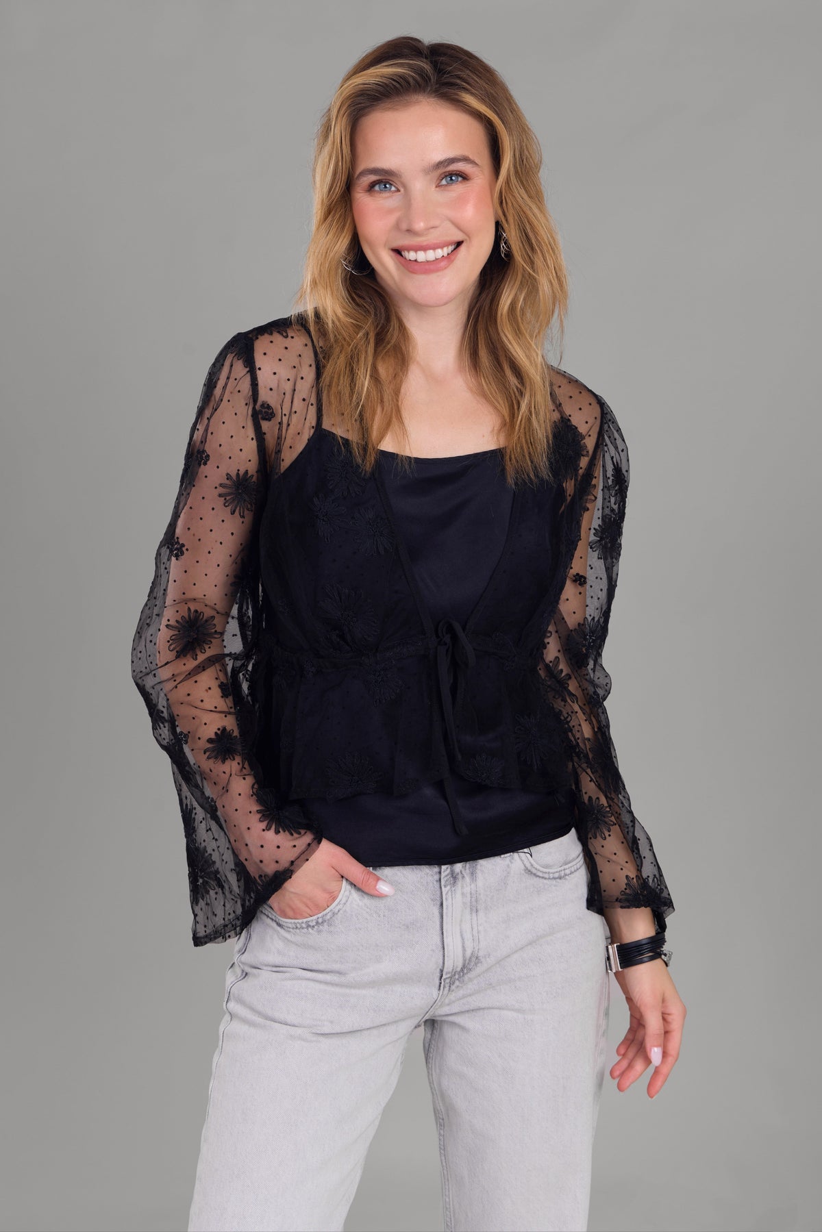 Floral Mesh Tie Top - Black
