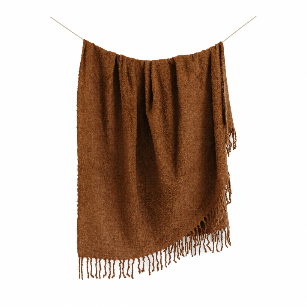 Cacao Brown handloomed alpaca bouclé throw blanket, made in Peru