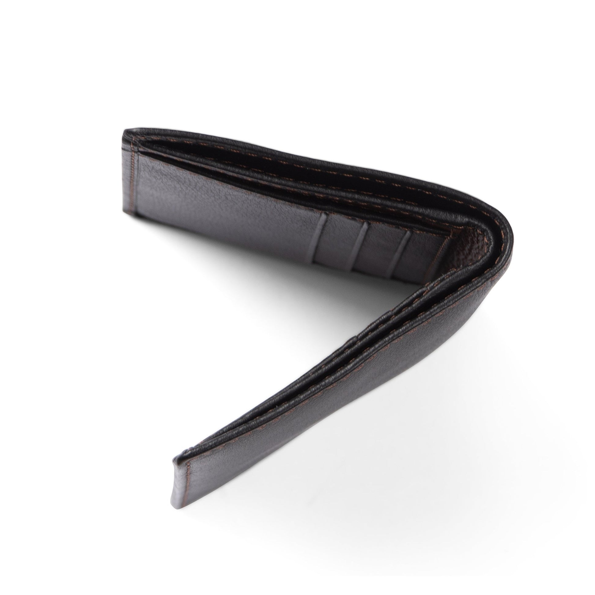 Black leather wallet vertical bi-fold with slots