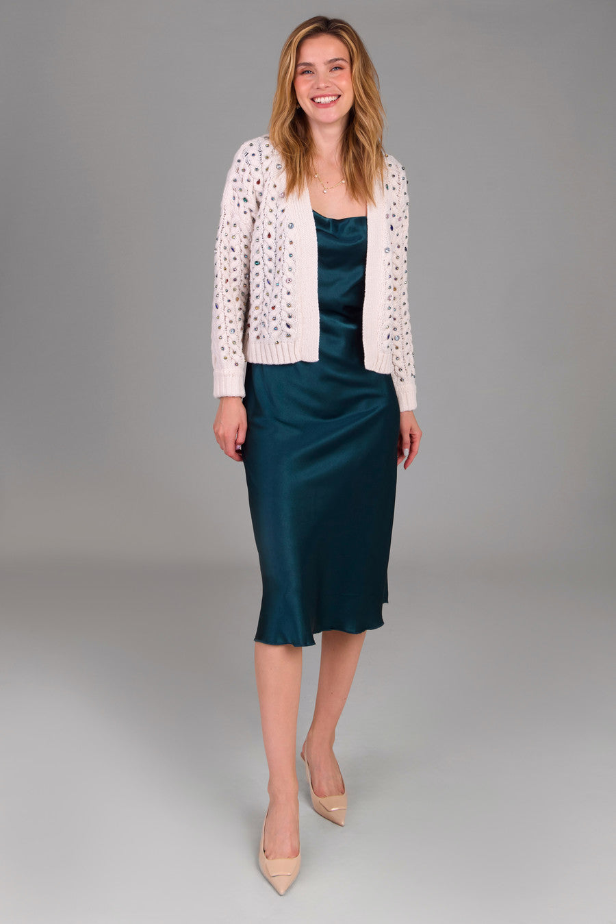 Cable Knit Cardigan Gemstone Pattern - Ivory