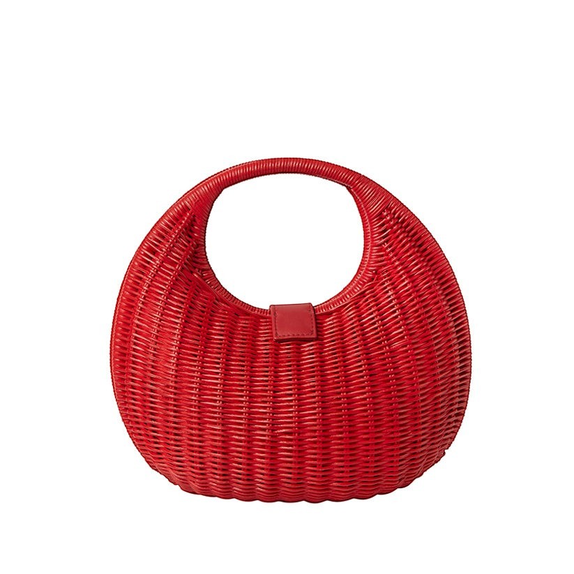 Shop Sarah Stewart red wicker hobo handbag with leather trim and single handle. A stylish summer accessory.