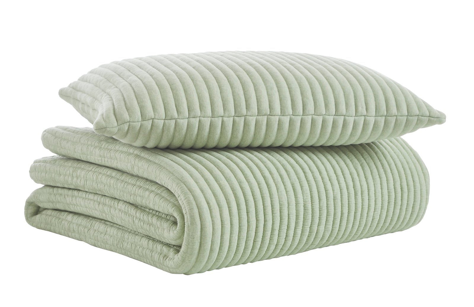 QT-370-11096_6|Folded sage green corduroy ribbed quilt with a matching accent pillow, ideal for cohesive and cozy bedroom styling.