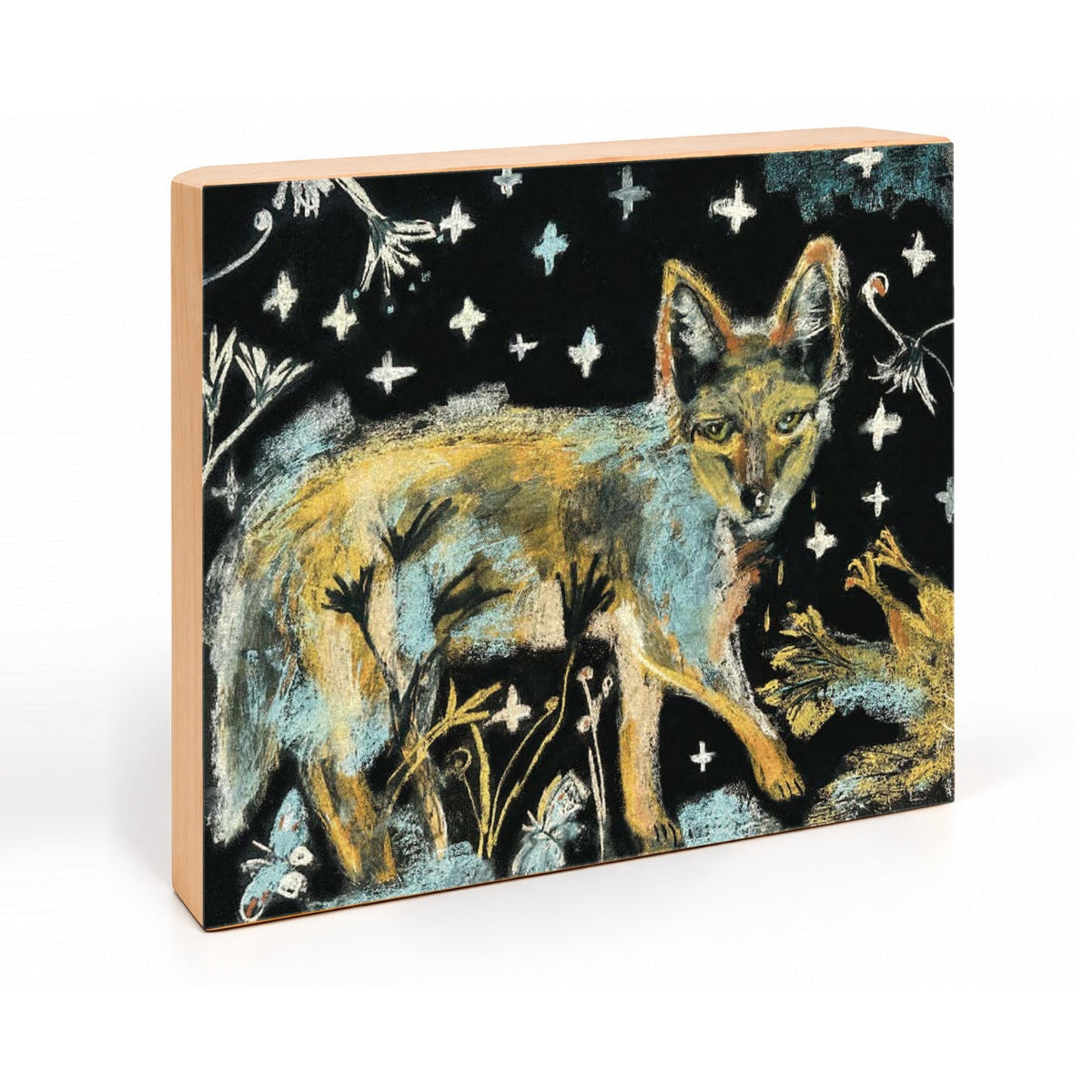 Nighttime Coyote and Chicken art print, angled view of the 7/8-inch deep gesso board with natural wood sides