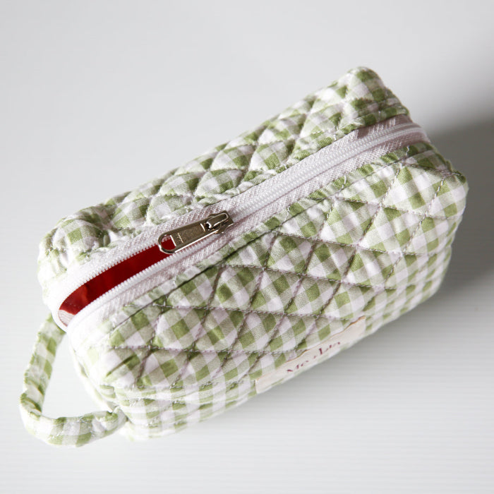 Gingham Matcha Make-up Pouch Small — green gingham quilted cotton cosmetic pouch, side view with zip