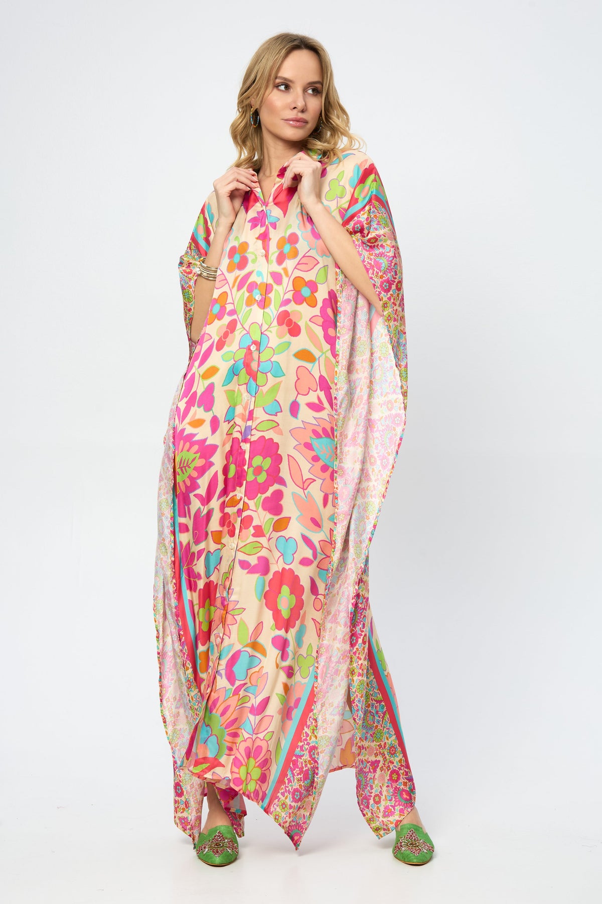 Multicolored Floral Collared Kaftan - Multi