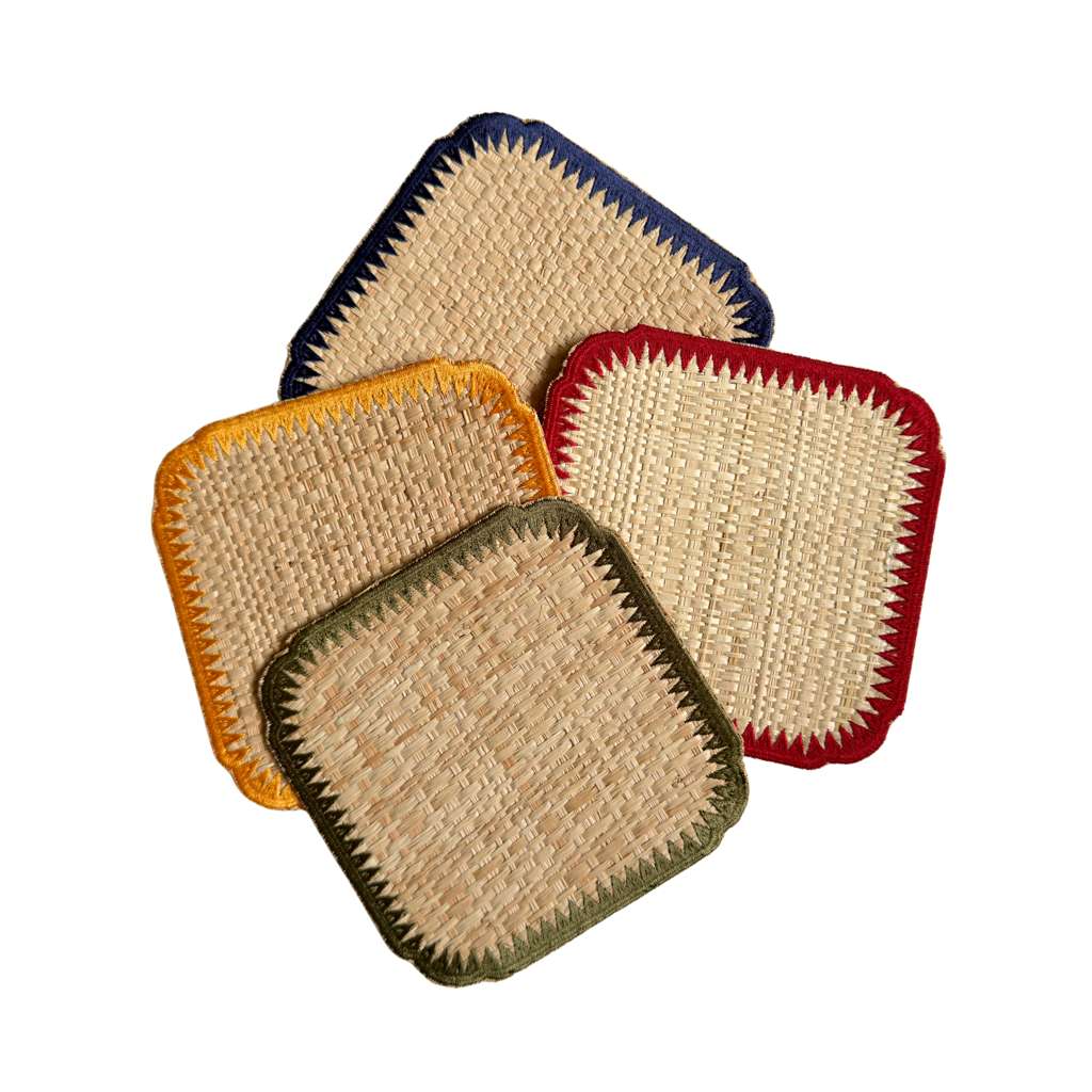 Buriti stitch coasters set of 4 handwoven from natural palm fiber with multi color stitch detail by Talah Home