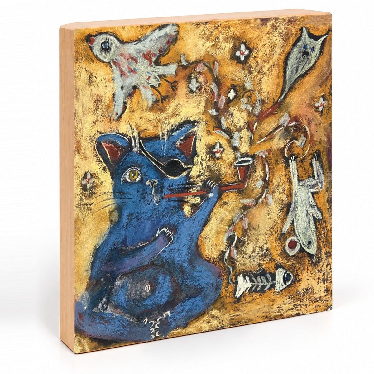Smoking Cat blue pirate cat with pipe art print, angled view showing natural wood side