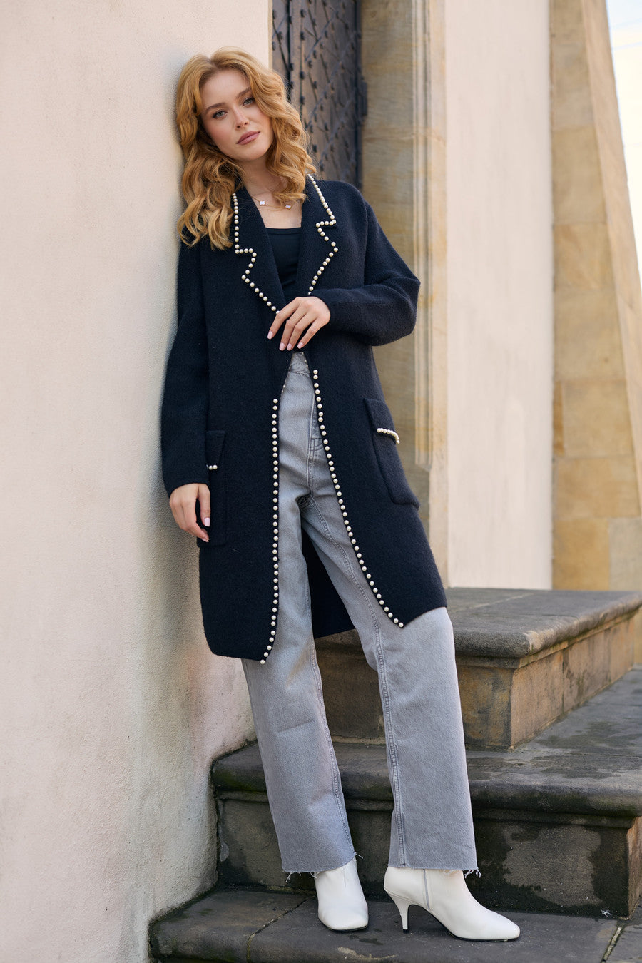 Pearl Trim Long Knit Blazer - Black