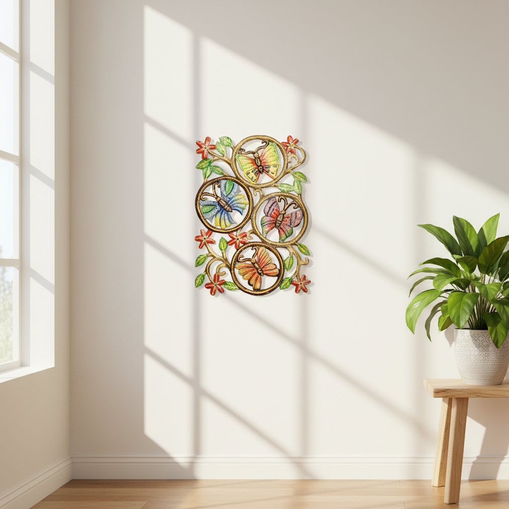 Painted Butterflies on the Wall metal art displayed in a bright living room