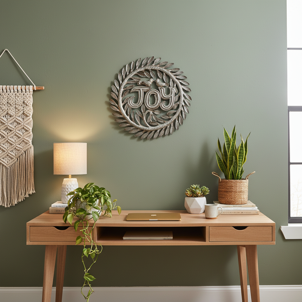 Simple Joy Haitian handcrafted metal art wall decor with floral cutout design in a modern bohemian home office