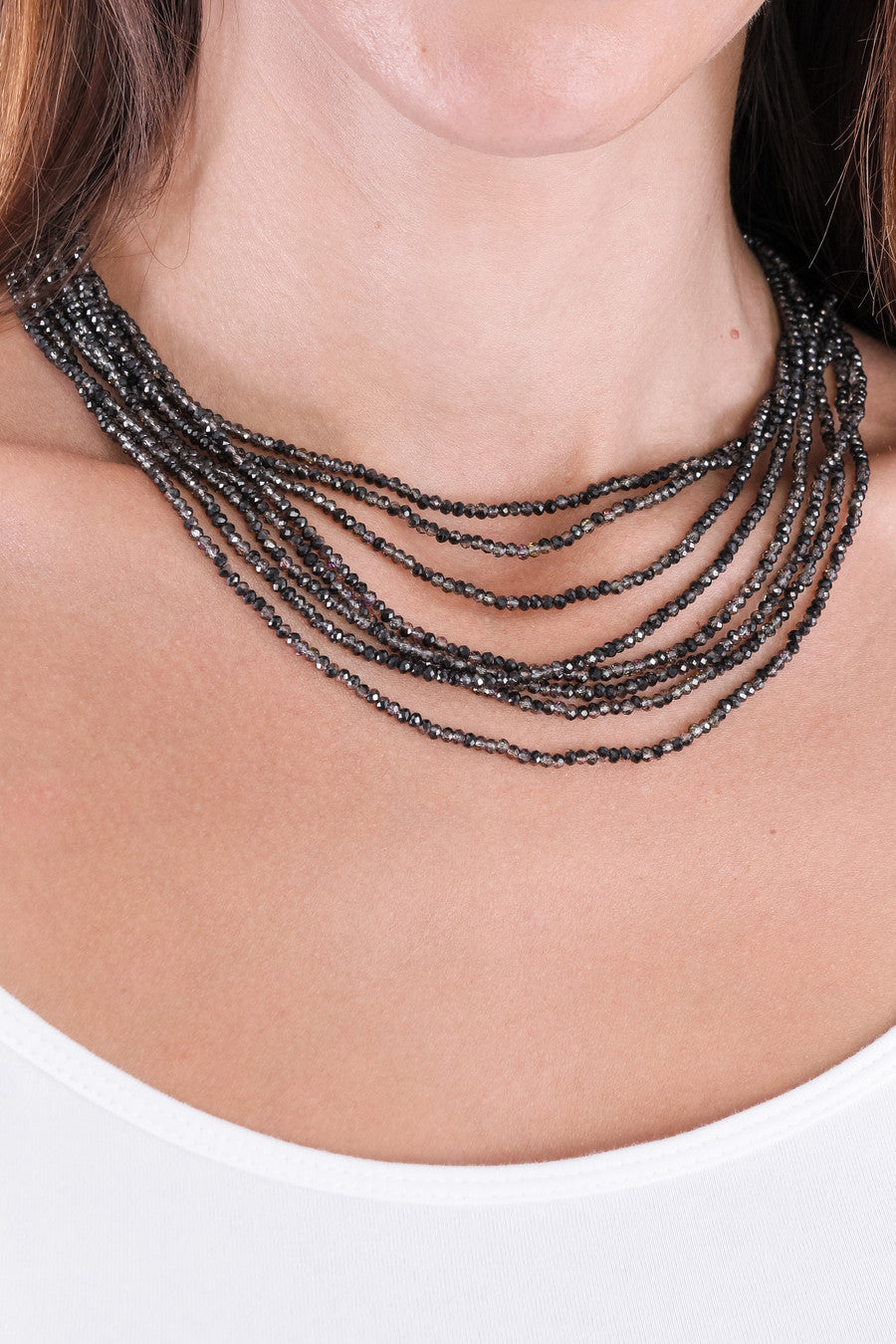 Multi Strand Beaded Crystal Necklace - Black