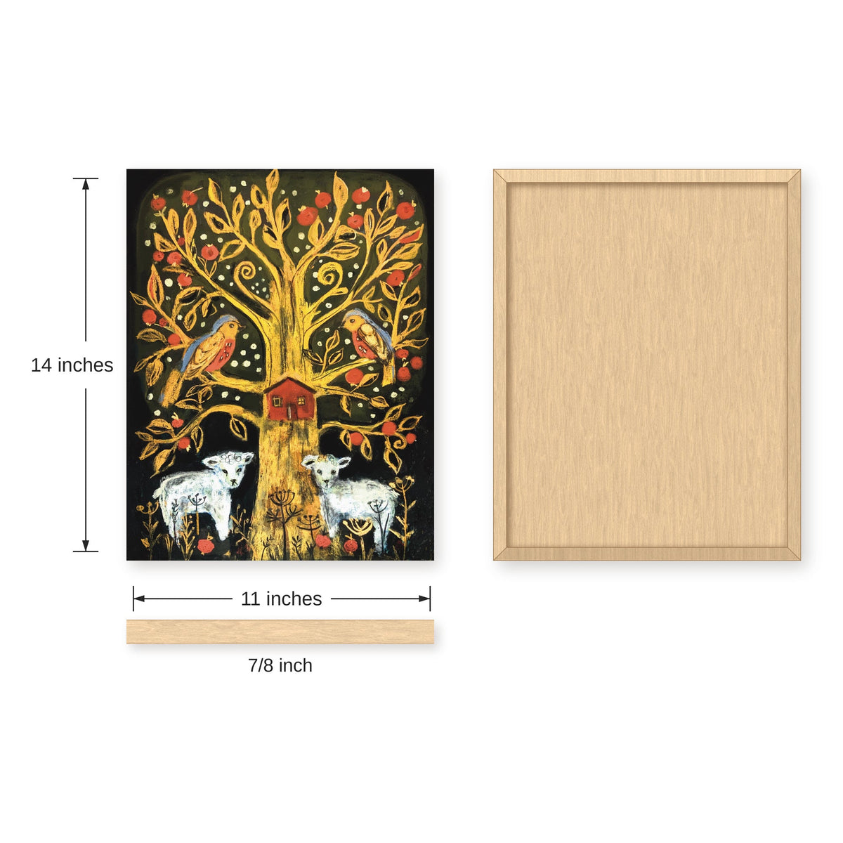 Vermont Tree of Life apple tree and lambs art print, size guide with front, back and side dimensions