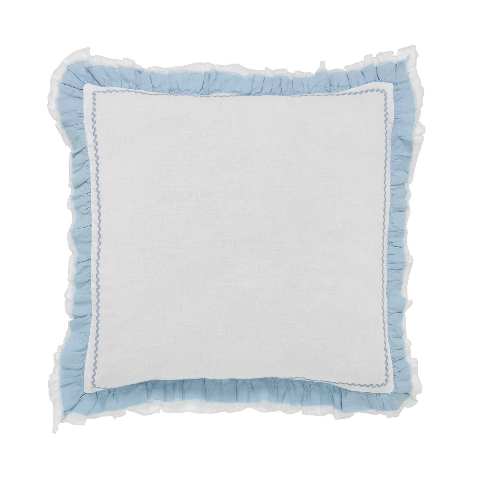 ES-028-X_1|Charming white square pillow featuring delicate blue ruffles and subtle stitching, adding a soft, whimsical touch to bed decor.