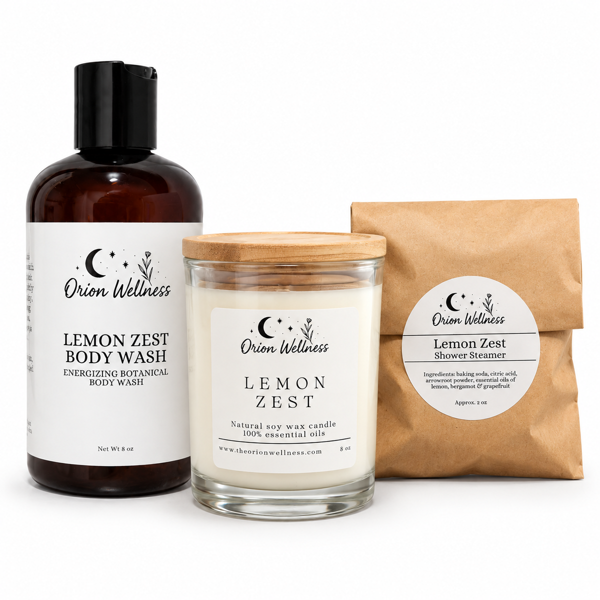 Lemon Zest Shower Ritual by Orion Wellness on a white background