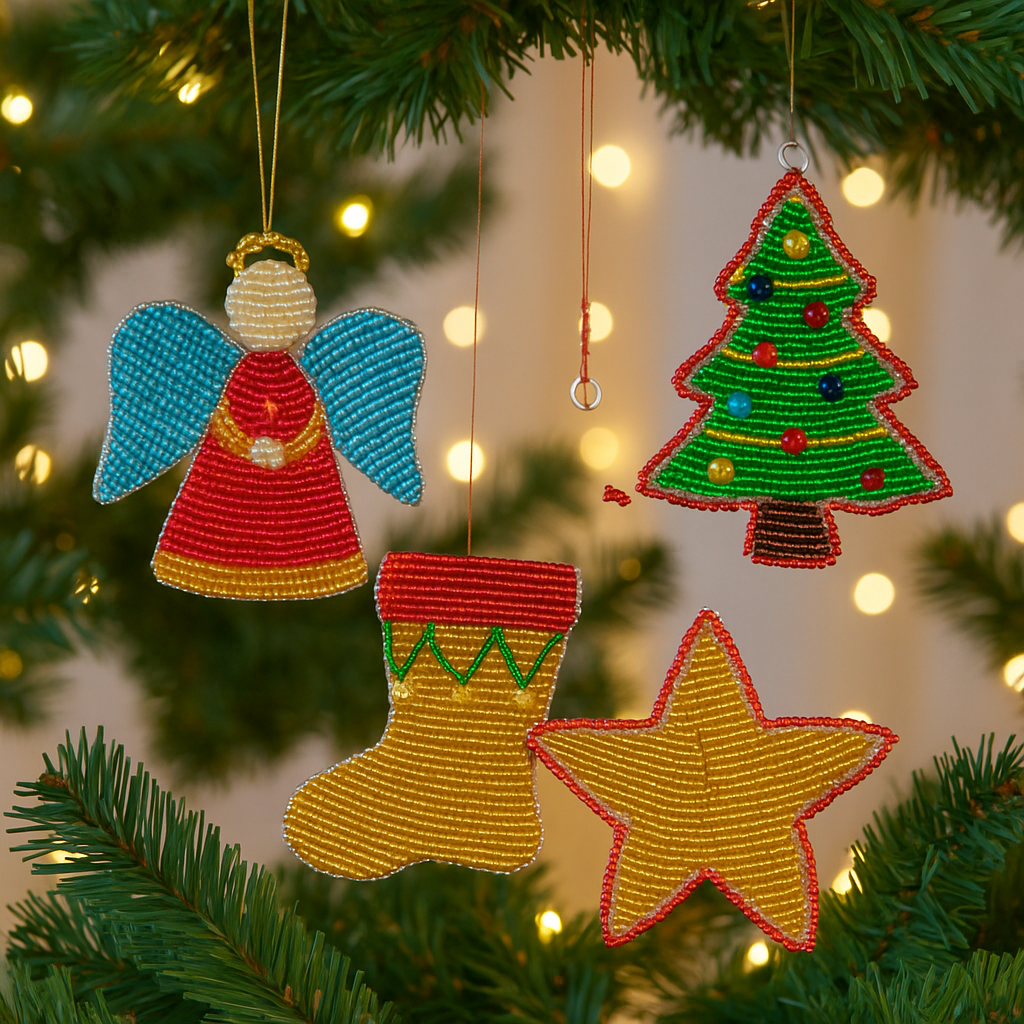 Handmade Beaded Christmas Stocking Ornament – Haitian Artisan Holiday Décor. (Set of 3)