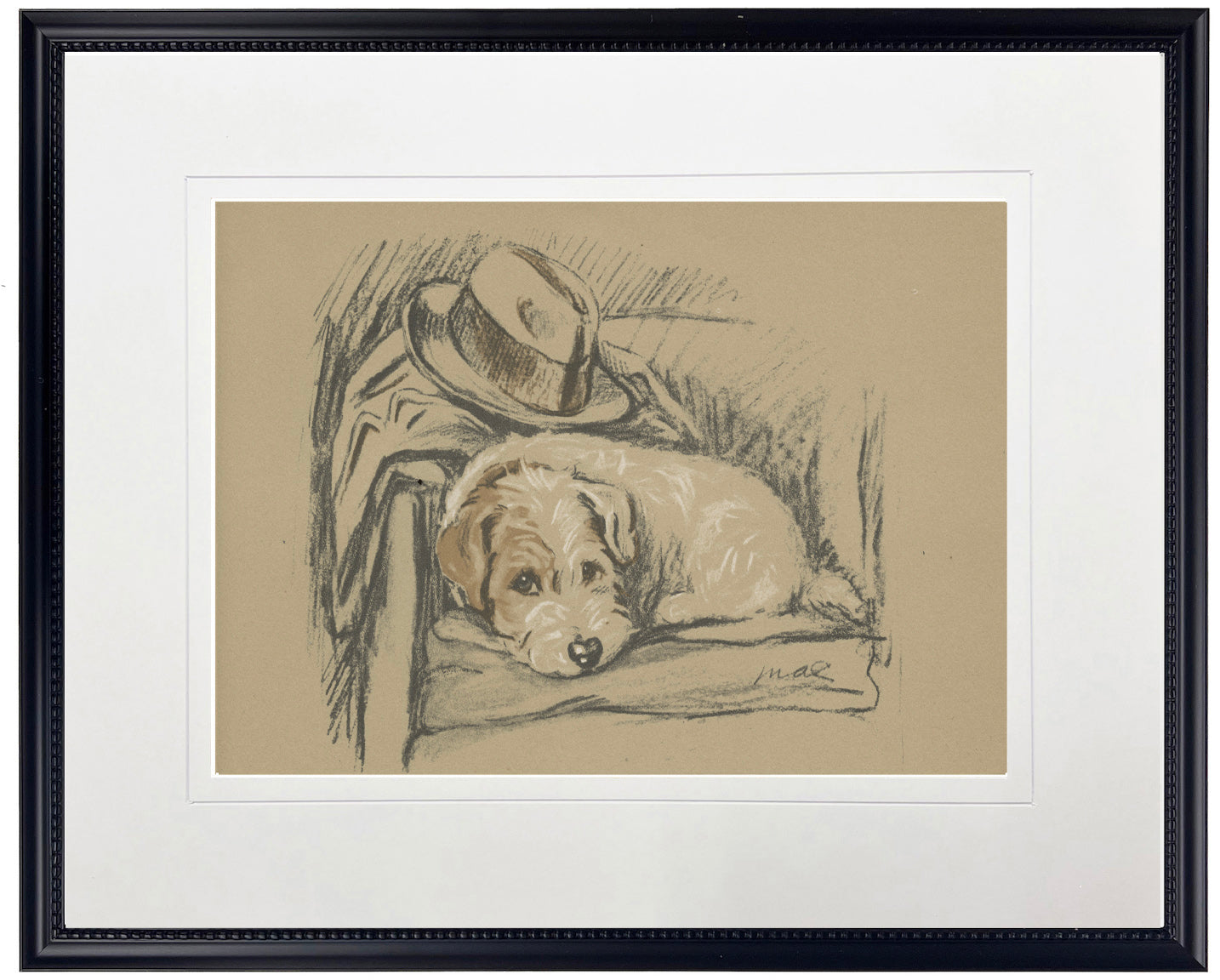 Dog with Hat Sketch Print in Black Frame