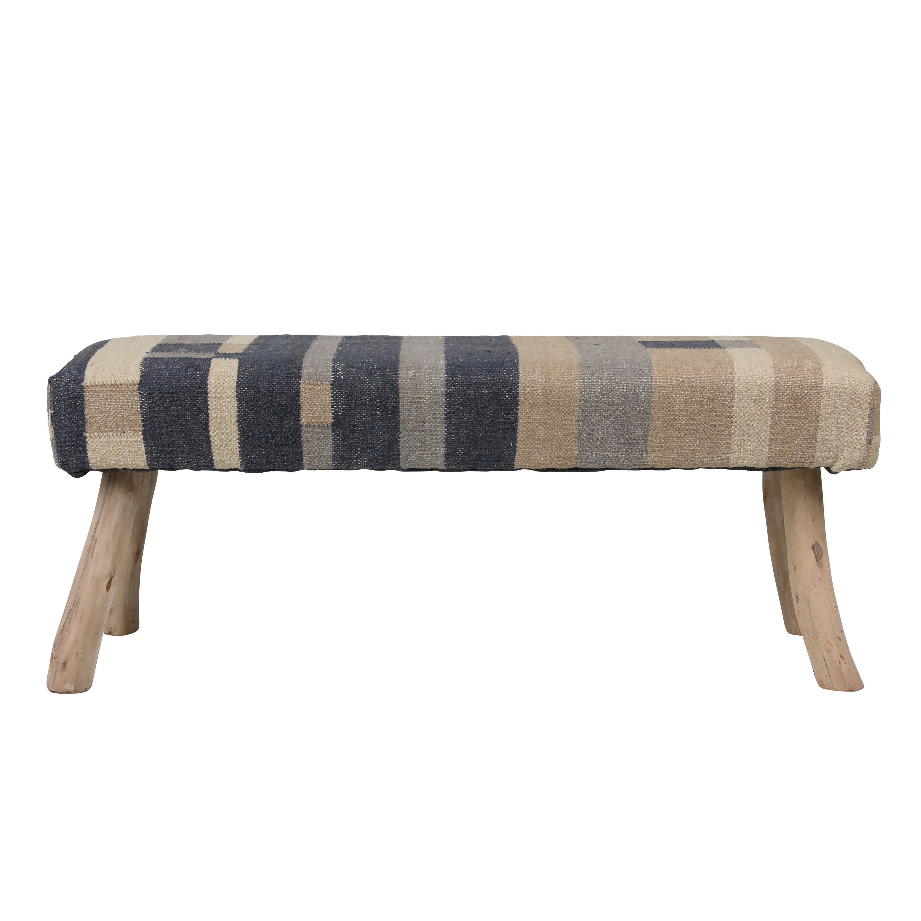 Luxor Handwoven Kilim Wool Upholstered Bench with Eucalyptus Wood Legs