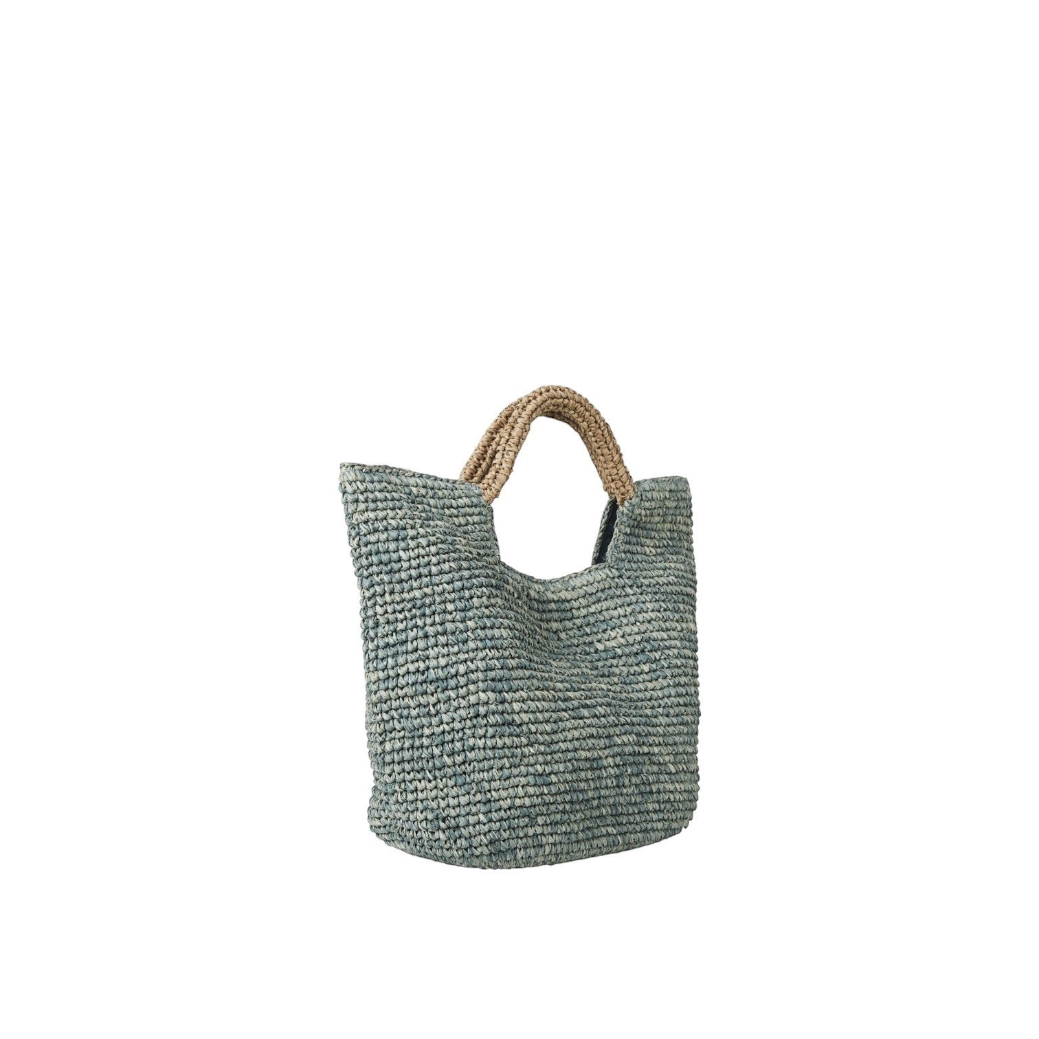 Shop Sarah Stewart The Opal blue raffia tote bag with cotton lining and snap closure