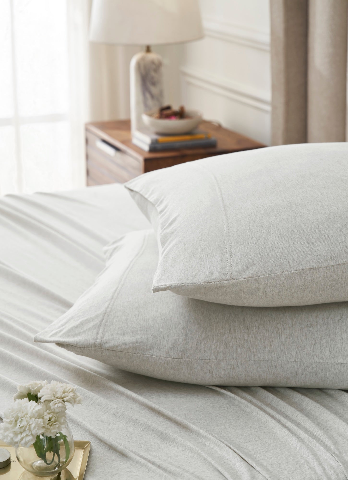 CSS-526-7284_4|Soft light beige melange 100% cotton sheet set with plush pillowcases, luxurious cozy bedding for a serene bedroom.