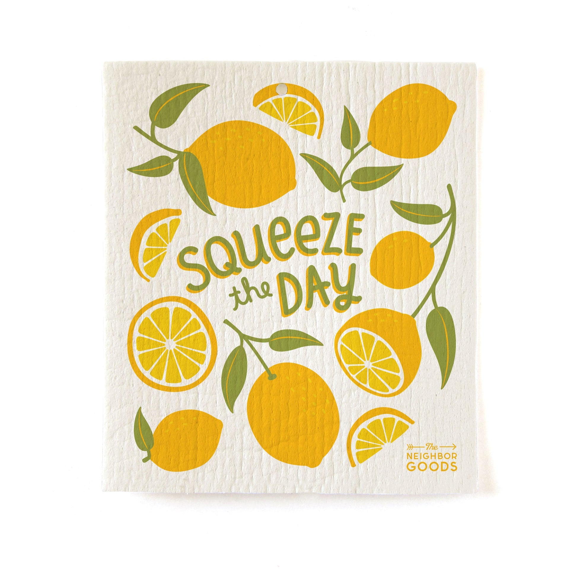 Back of matching dish towel and sponge cloth set with tomato design, featuring the phrase "Squeeze the day"