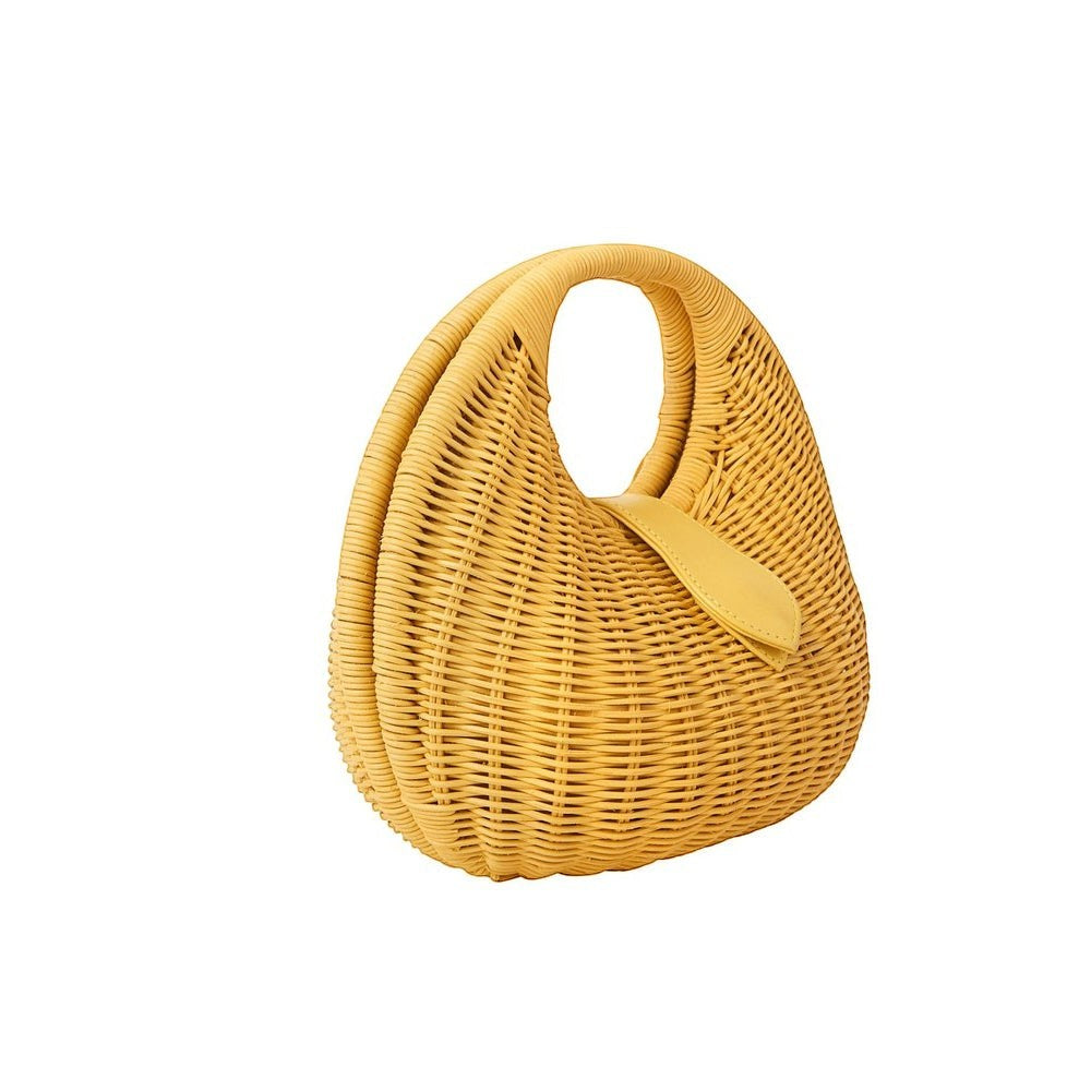 Shop Sarah Stewart Matilda yellow wicker handbag with leather accent and cotton lining. Modern design.
