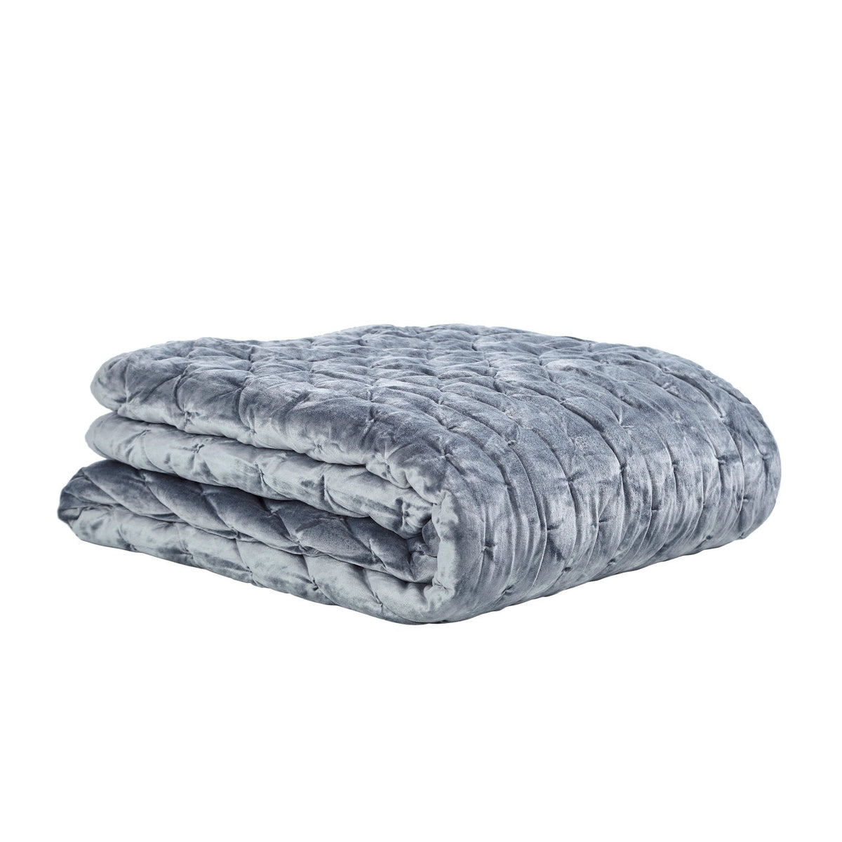 QT-336-9496_3|Folded plush blue velvet quilt showcasing a modern pinched quilting design. Enjoy luxurious texture and cozy warmth.