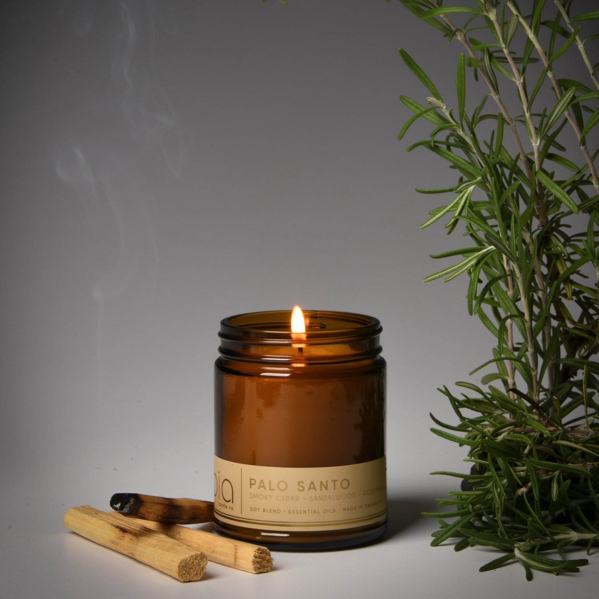 palo santo classic candle, rosemary and incense